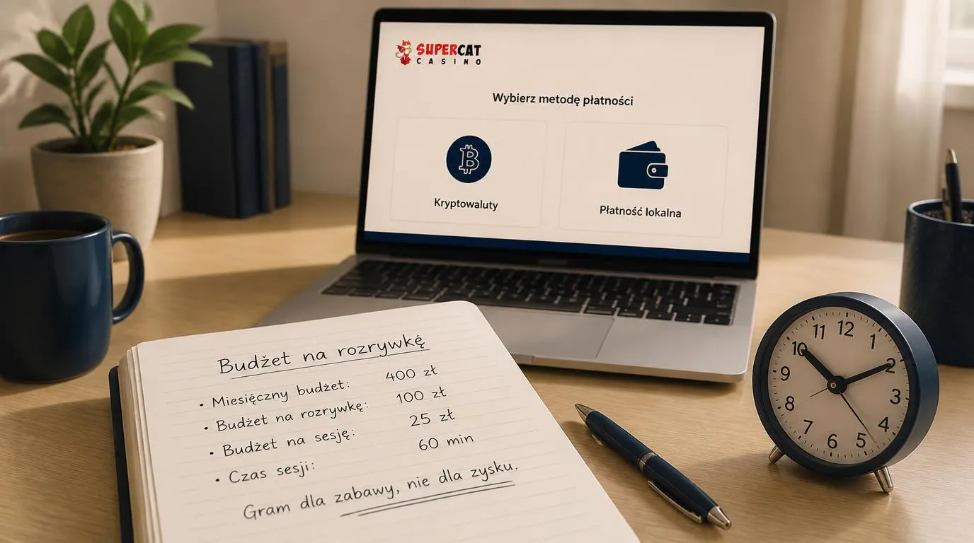 Notes z budżetem rozrywkowym i zegarek obok laptopa z symbolicznymi ikonami płatności
