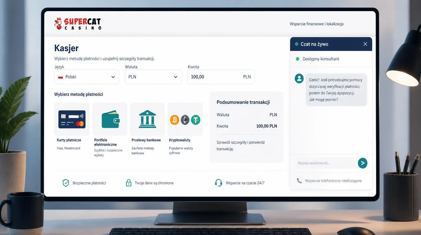 Panel kasy z wybraną walutą PLN, kategoriami płatności i przyciskiem czatu na żywo