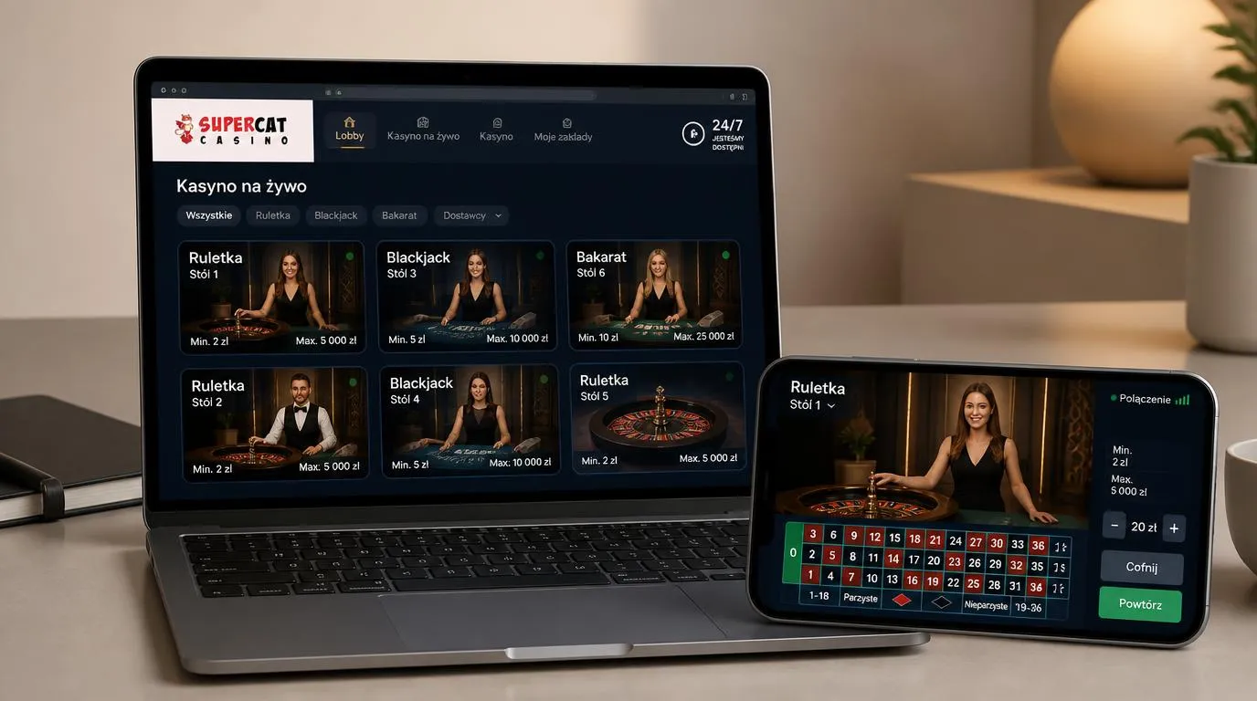 Lobby kasyna na żywo na laptopie i telefonie z limitami stawek oraz transmisją stołu z krupierką