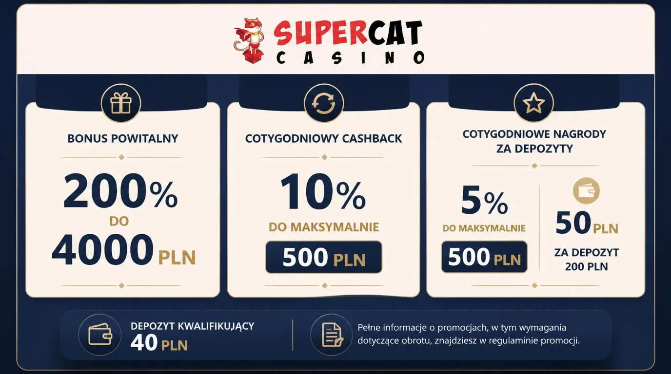 Panel promocji kasynowych z bonusem powitalnym, cashbackiem i progami depozytów w złotych