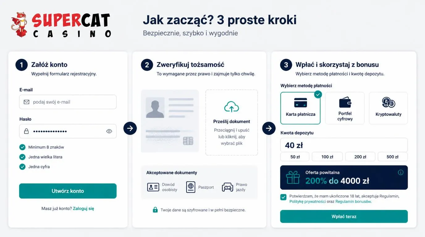 Panel rejestracji, weryfikacji tożsamości i kasy z depozytem 40 zł oraz ofertą 200% do 4000 zł